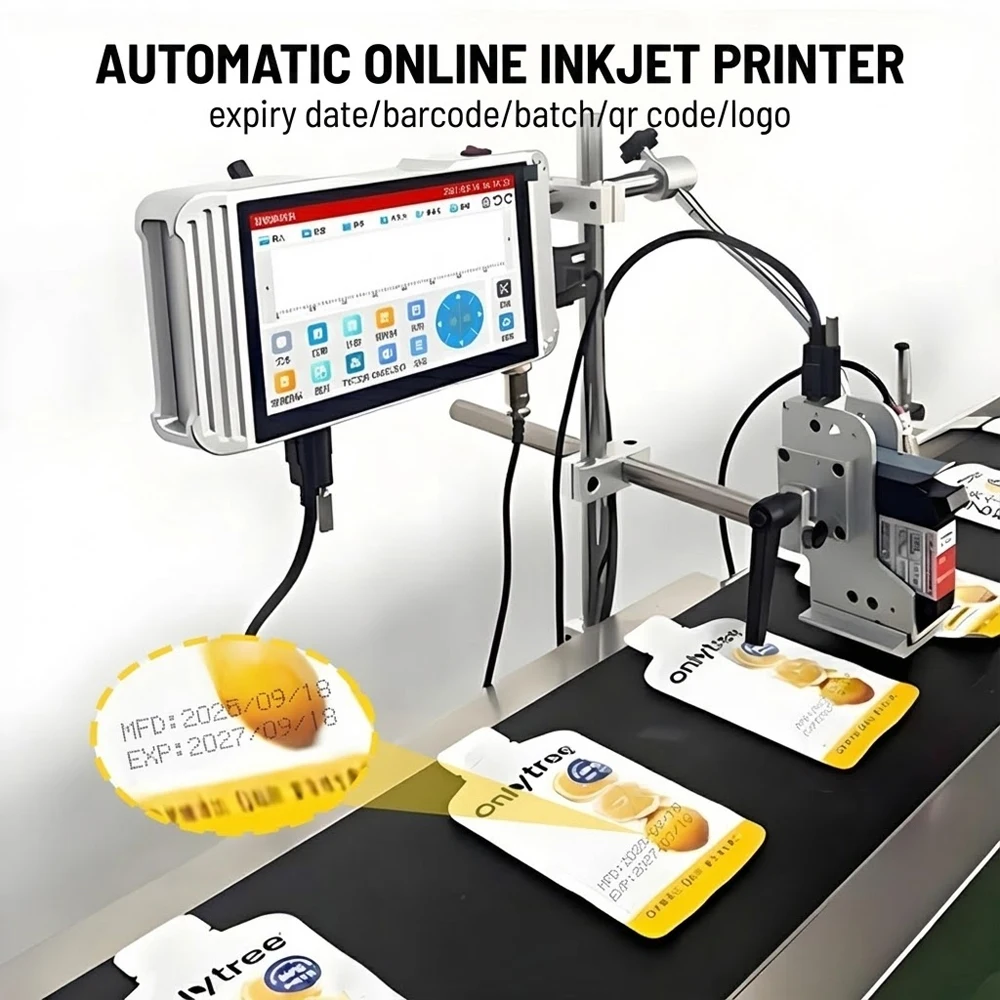 Date coding machine, automatic online inkjet printer, plastic paper bag box barcode batch QR code logo inkjet coding machine