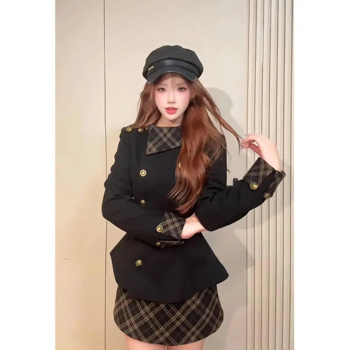 

Winter Fashion Set Ultra Cute Waist-Cinching Woolen Jacket And Skirt Two-Piece Ensemble High Waist Plaid Polyester Fill