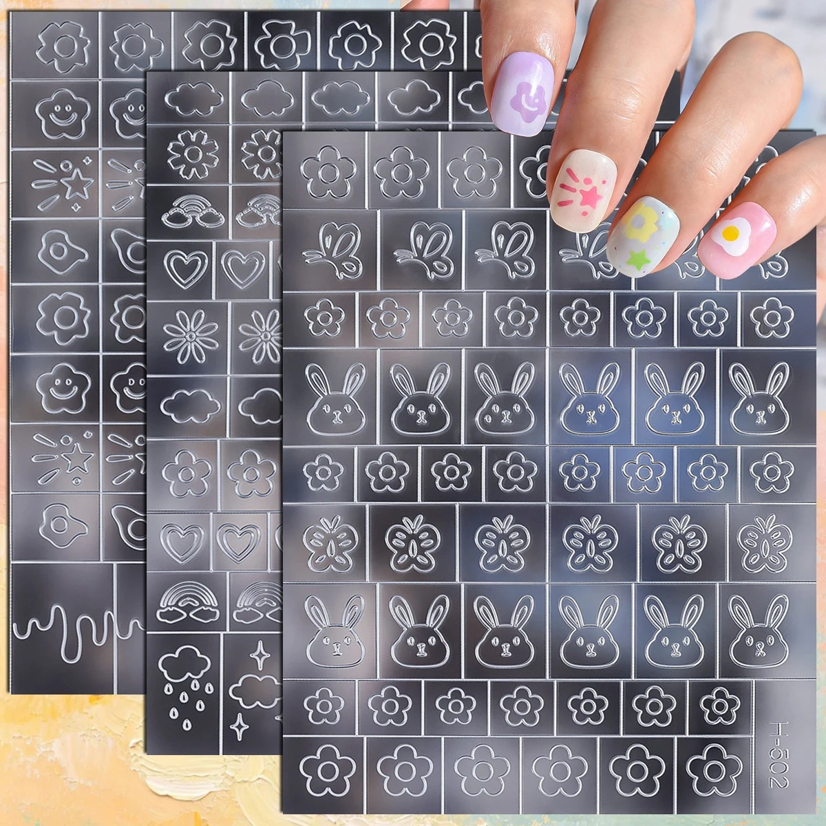 3/6/12 Sheets Cute Bunny Cloud Smiley Flower Nail Art Guide Stickers DIY Manicure Template Self-Adhesive Nail Stickers