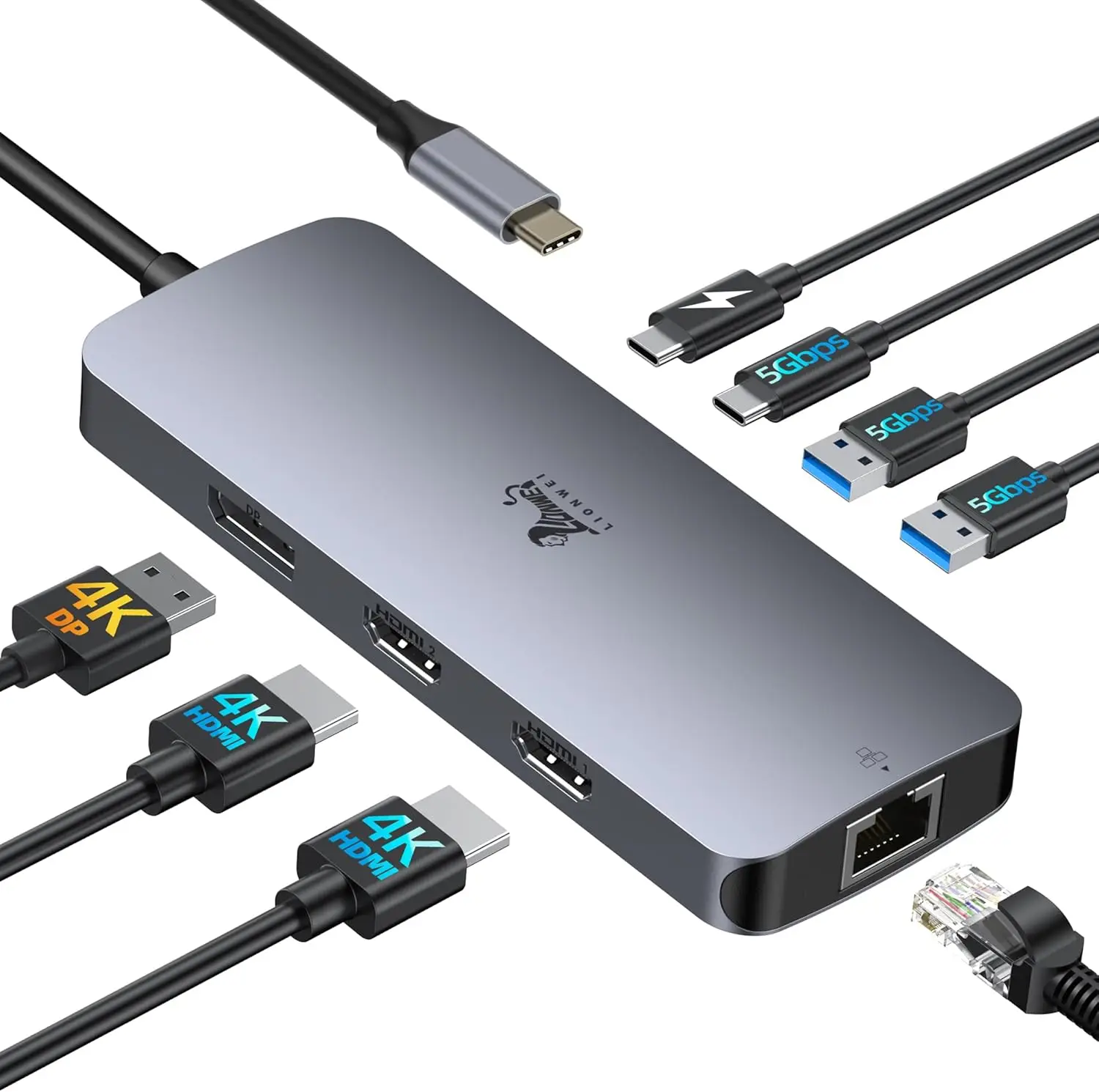 

Док-станция USB-C с двумя портами HDMI, DisplayPort, зарядкой PD 100 Вт, Ethernet и USB-портами для ноутбуков