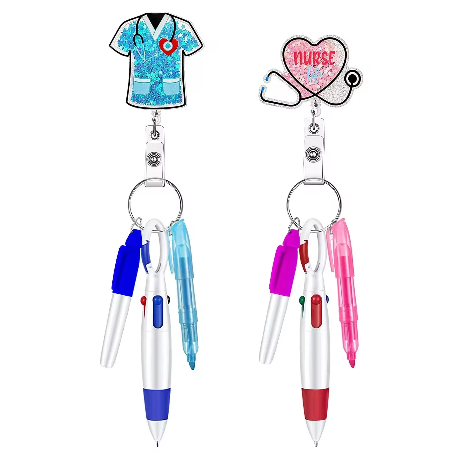 1 Set  4Pcs Acrylic Nurse Pen Set Carabiner Retractable scroll easy to pull out ballpoint Pen Set