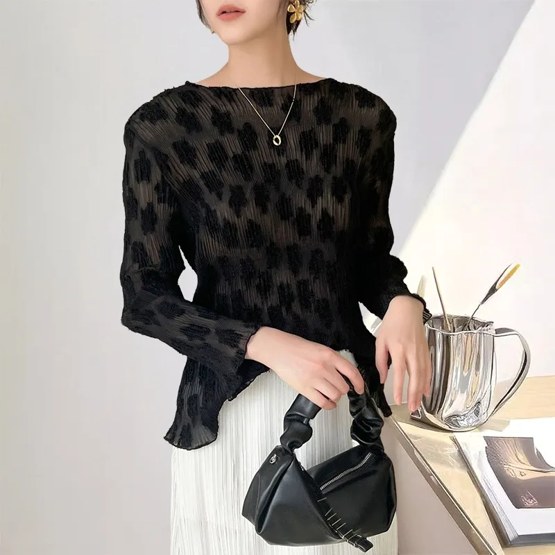 

Miyake 2026 Spring Fall New Pleated Crocheted Long-sleeved Tops Women's Casual Versatile Thin T-shirt Lace Bottoming Fold Shirt