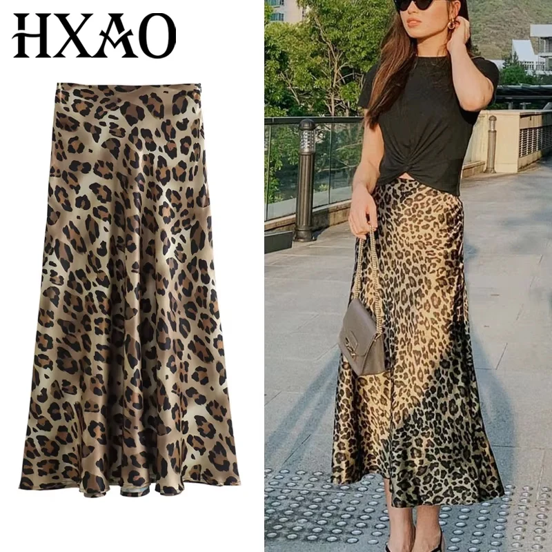 HXAO Leopard Print Women's Midi Skirt High Waist Stylish Long Skirts For Women Fall Vintage Satin Skirt Woman Elegant Skirts