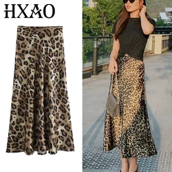 HXAO Leopard Print Women's Midi Skirt High Waist Stylish Long Skirts For Women Fall Vintage Satin Skirt Woman Elegant Skirts
