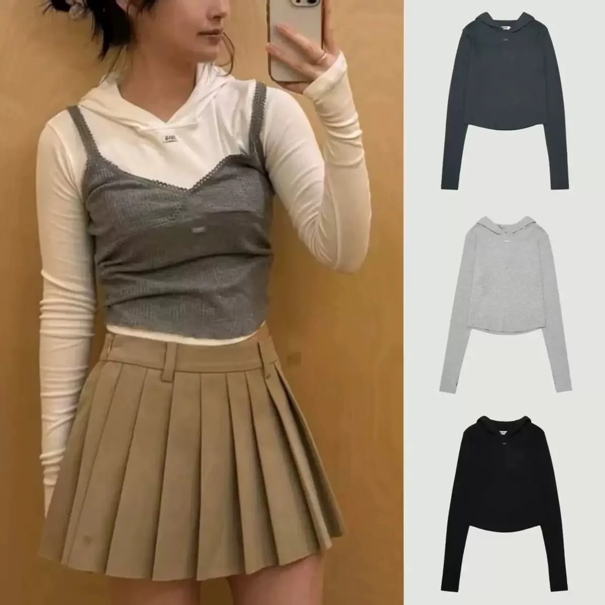 슬림핏 컬러 후드티 또는 스웨트 베이스 레이어 긴팔 기본 여성용 코튼 모달 탑