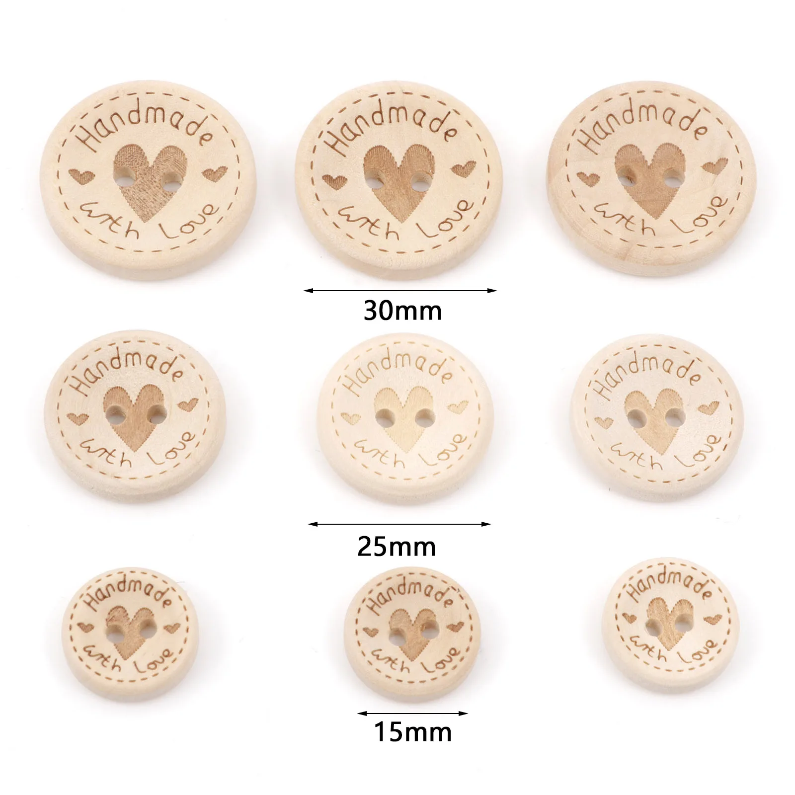 100Pcs 15/20/25mm Dia. Wood Sewing Buttons Scrapbooking Round Natural Heart Message 