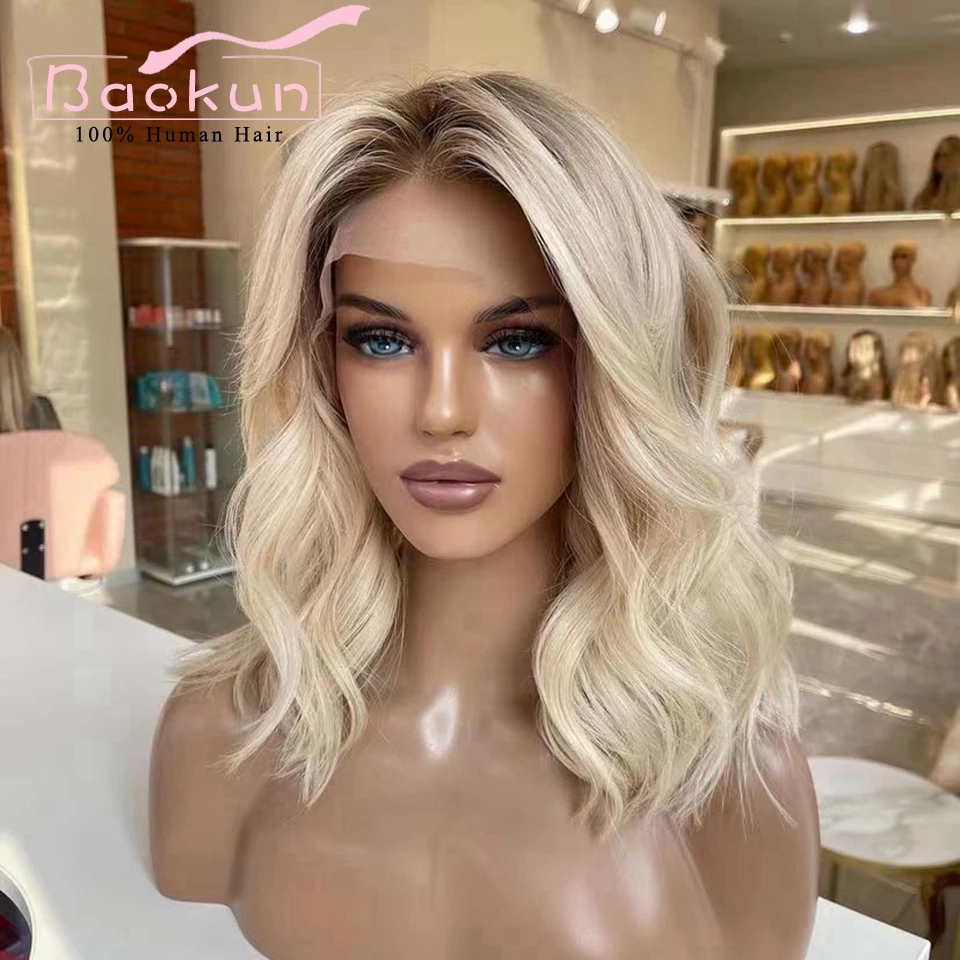 13X4 Korte Blonde Body Wave Lace Front Pruik Bruin Highlight Pruik Menselijk Haar Pruiken Pre Geplukt 200 Dichtheid 13X6 Hd Lace Frontale Pruik