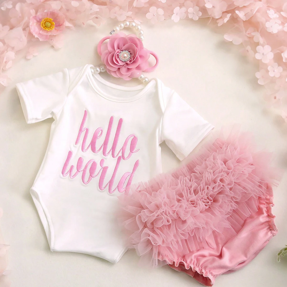 Ylsteed Newborn Sweet Photography Set Hello World Letter Print Sleeves Jumpsuit with Multi-Layered Ruffled Briefs and Headwear