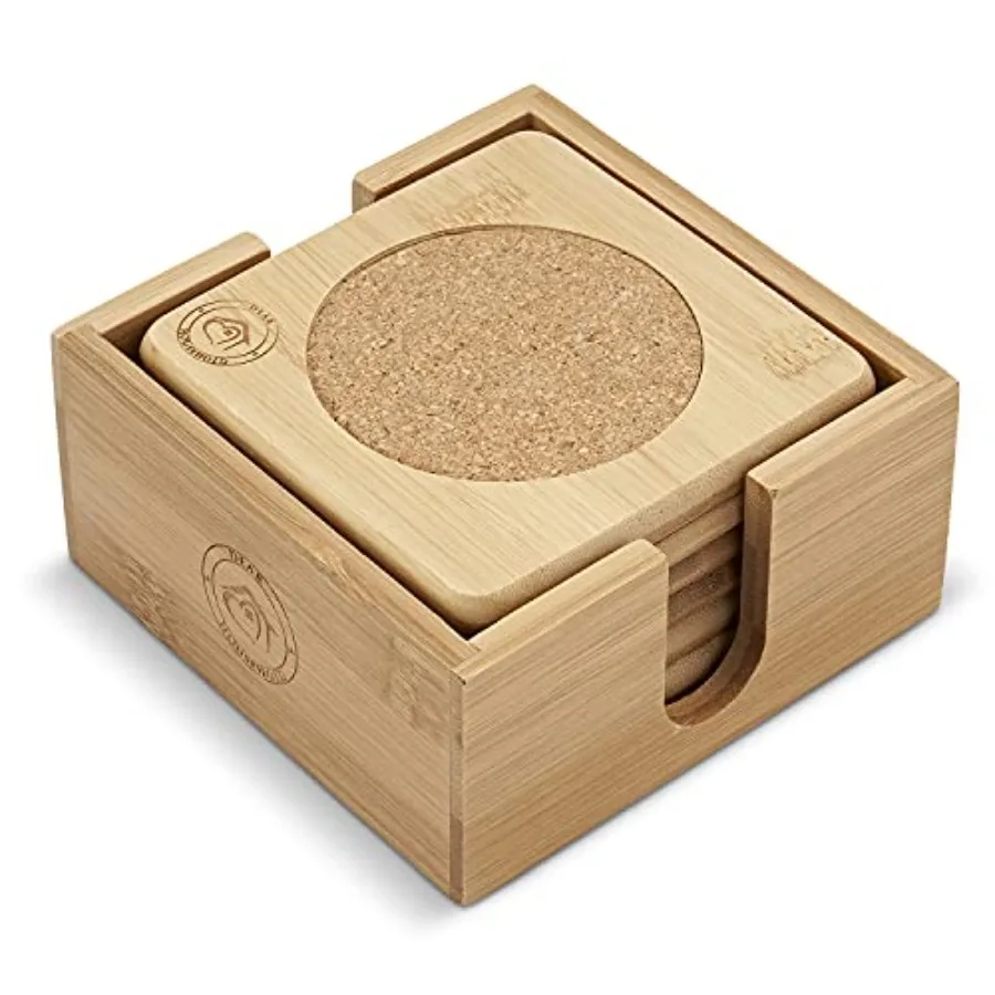 

Set of 6 Bamboo Coasters with Matching Coaster Holder - Sleek, Smooth Moso Bamboo and Cork Coaster Set Protects Surfaces from S