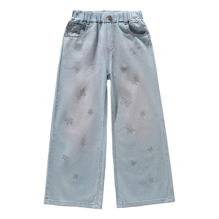 Girls' Spring Floor-length Embroidered Rhinestone Jeans Light Blue Straight-leg Trendy Soft Slimming Denim Pants Kids Clothing