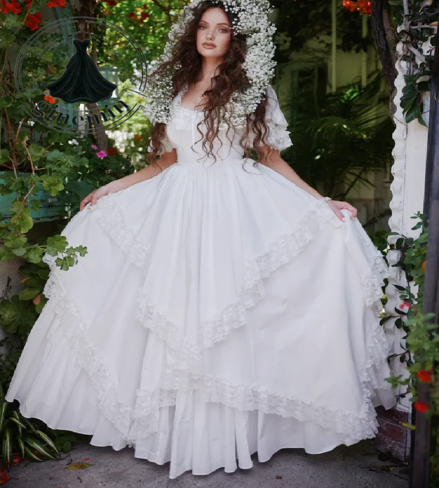 2026 White Cottagecore Wedding Dress Puff Short Sleeve Lace Ruffle Tiered Boho Bridal Gowns Fairy Celtic Garden Country Mariage