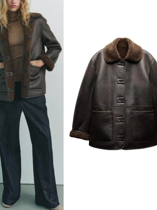 Autumn Winter New Sle Women's High-End Warmth Double-Sided Wear Faux Leather Fce Loose Outerwear 638248