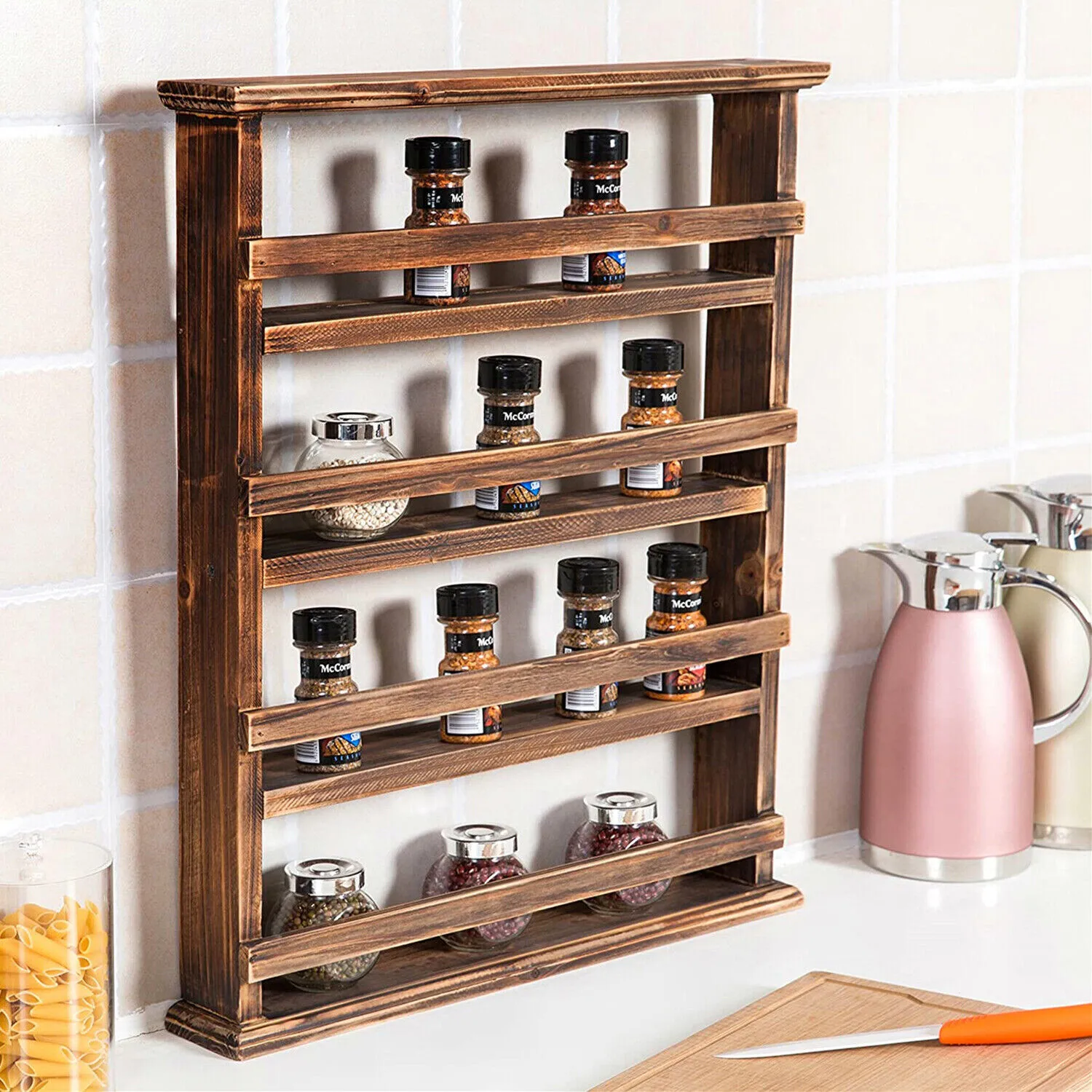 

Wall Hanging Wood Spice Holder 4 Tier Vertical Kitchen Rack Spice Storage Shelf
