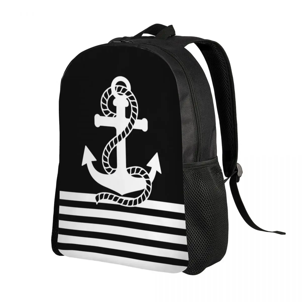 Black White Nautical Stripes And Anchor Backpack for Boys Girls Sailing Sailor College School Travel Bags Bookbag 15 Inch Laptop