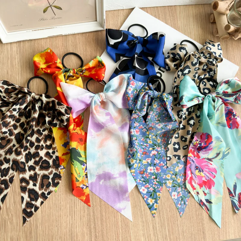 Woman Elegant Printing Satin Bowknot Black Elastics Hair Band Girls Scrunchies Hair Ties Lady Ponytail Holder Hair Accessories