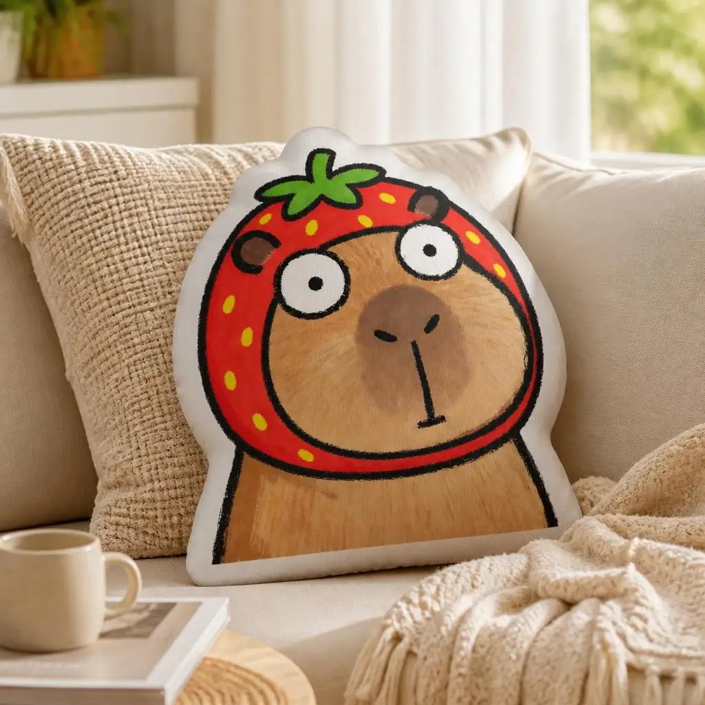 Cute Strawberry Capybara Throw Pillow Irregular Stuffed Cushion Cartoon Fruit Decorative Pillow for Sofa Bed Bedroom Home Decor