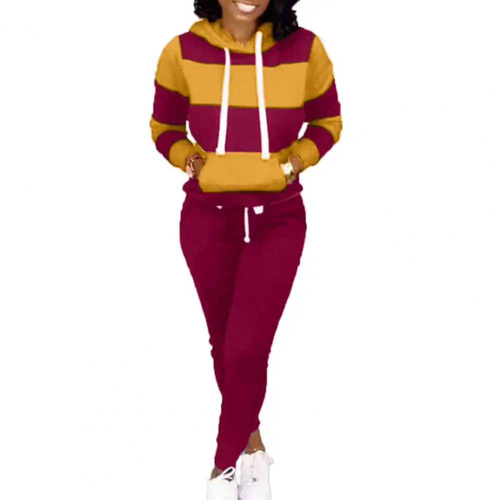 Trendy Pullover Plus Size Pockets Women Autumn Tracksuit Color Matching Drawstring Autumn Hoodie Pants Set for Sports