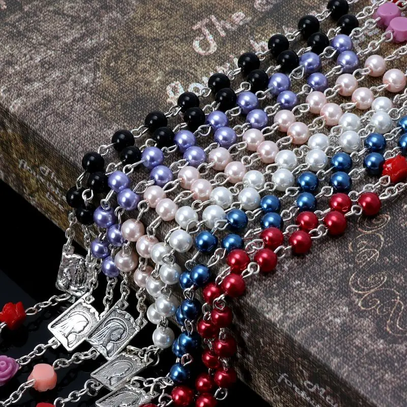 Rose Flower Pearl for Cross Rosary Necklace Beads Rosary Necklace Catholicism Prayer Religious Jewelry for DAILY We