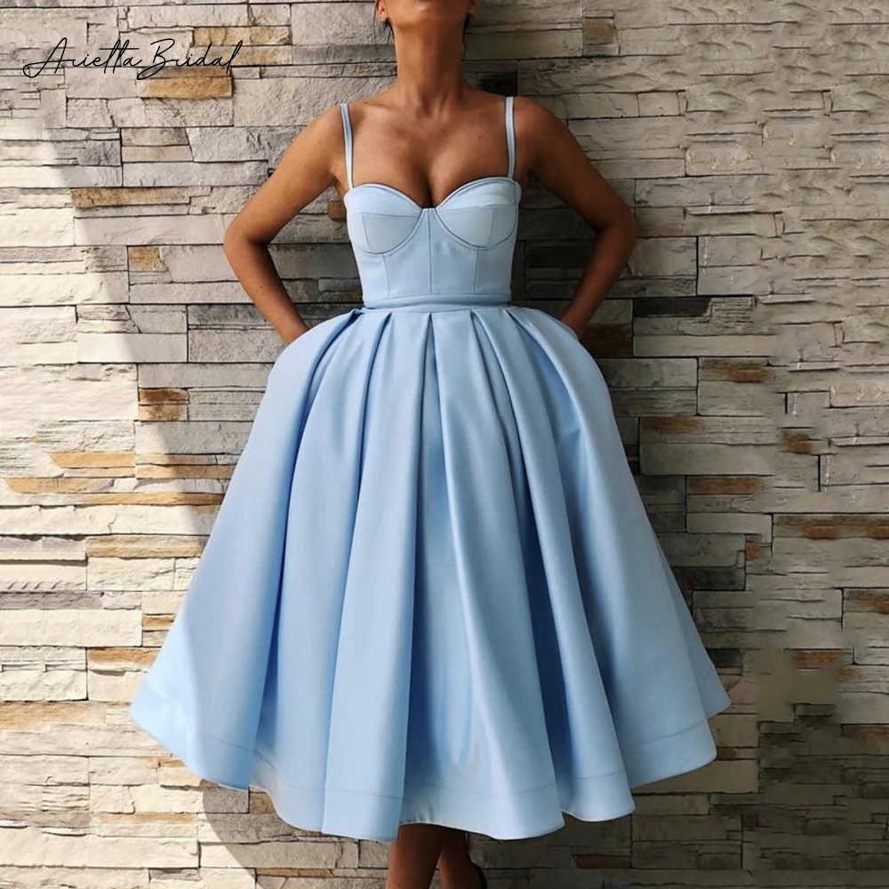 

Arietta Simple Baby Blue Satin Short Prom Dresses Spaghetti Straps Pleated Tea-Length A-Line Homecoming Dresses with Pockets