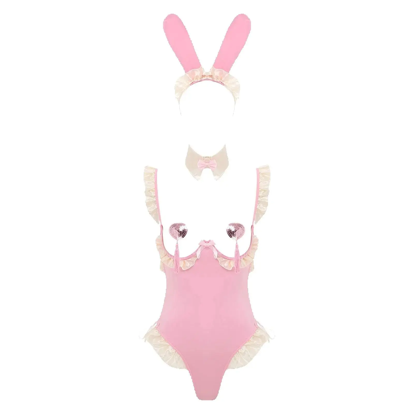 

Womens Bunny Maid Roleplay Lingerie Costume Push-up Open Cups Ruffled Side Lace-up Bodysuit Nipple Covers Collar And Rabbit Ear