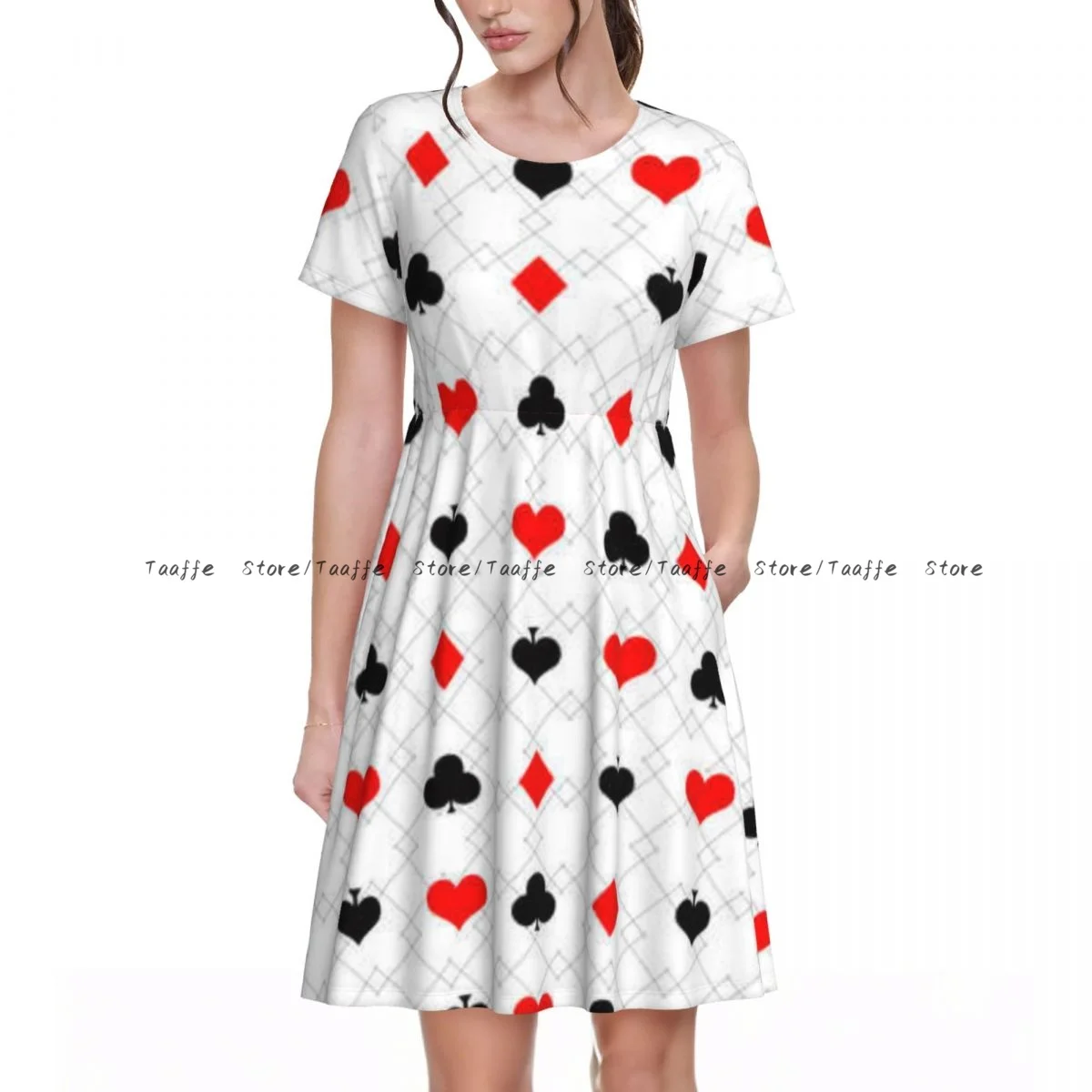 Summer Women's Short Sleeve Waist Dress Women Poker With Card Suits Casino Texture Round Neck Casual Dress