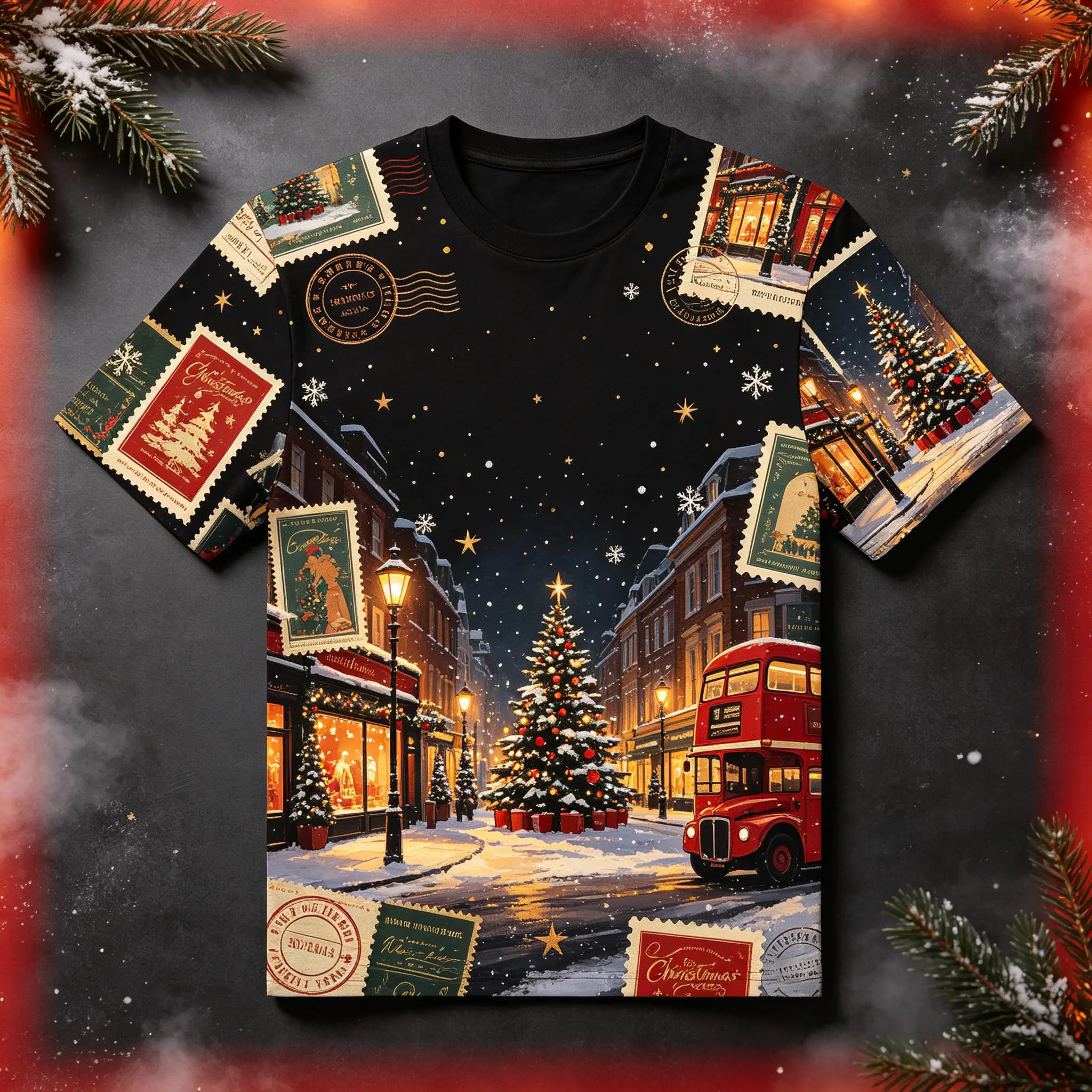 Men Christmas Holiday Tee, Retro Snowy Town Street Double Decker Bus Stamp Allover Print Short Sleeve Shirt
