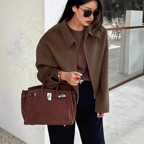 

Loose Fashionable Autumn Winter Outerwear Polyester Cotton Blend Women's Casual Zipper Long Sleeve Collared Jacket