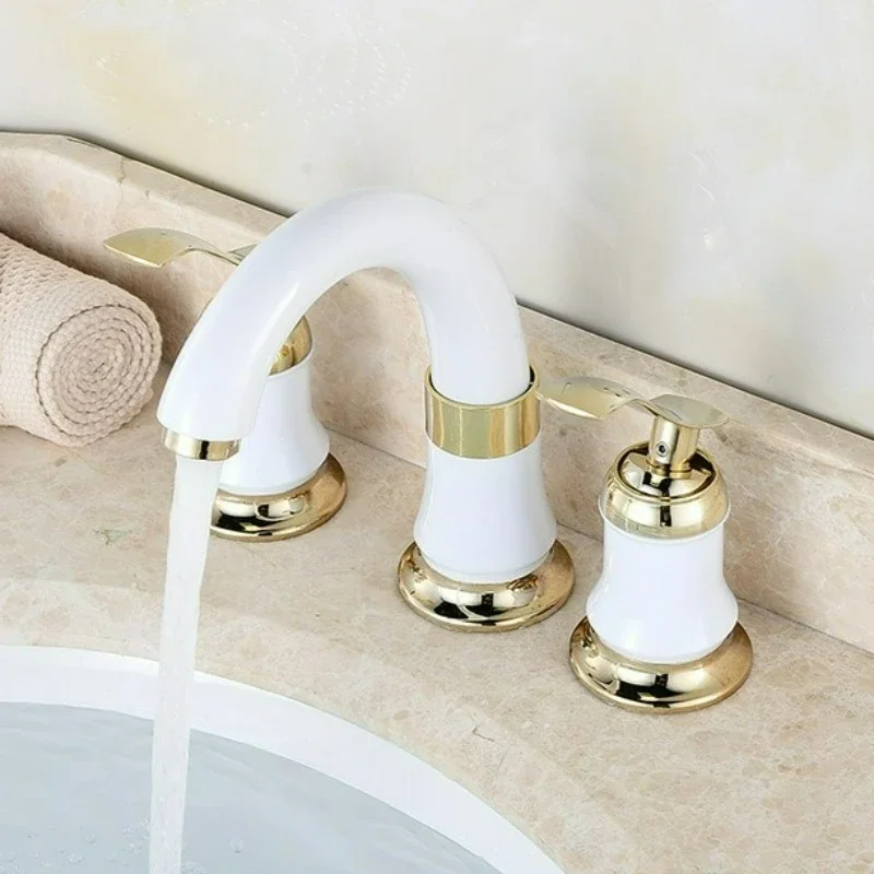 Rose Gold Bathroom Faucet Brass 3 Hole Sink Tap Antique Style Hot And Cold Water Basin Faucet White Finish