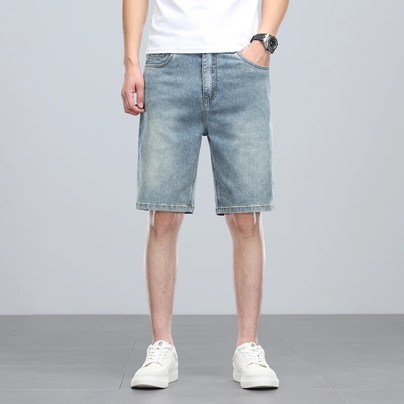 Summer denim mid knee walking shorts  men retro man jeans washed water Lyocell breathable lightweight and elastic bermuda shorts