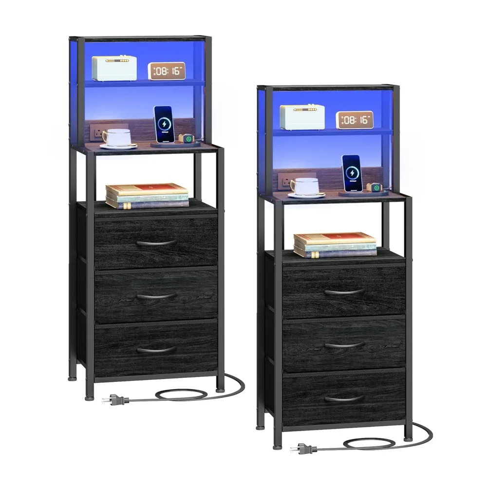 Night Stand Set 2, Black Nightstand Set of 2 with Charging Station, Bedside Table with Storage Shelf and 3 Fabric, Customized