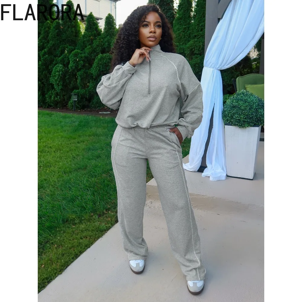 

FLARORA Casual Stripe Patchwork 2 Piece Sets Woman Lapel Long Sleeve Waist-cinching Crop Tops And Pants Ouftits Fall Tracksuits