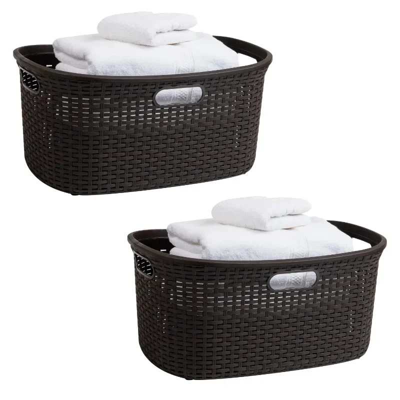 

40L Laundry Basket, Clothes Hamper, Lid, Wicker Design, Plastic, Set of 2,
