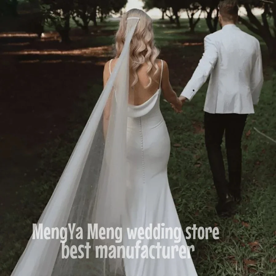 Customized Simple Bride Elegant Backless Draped Satin Spaghetti Straps Civil Vestidos Crepe Cowl Neck Mermaid Wedding Gown Dress