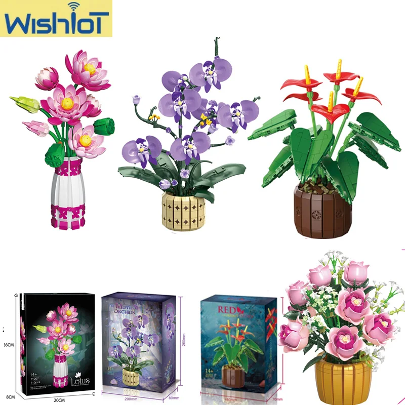 

Конструктор-букет из искусственных цветов: орхидея/лотос в горшках, сборные растения для декора дома и рабочего стола, развивающая игрушка-головоломка, подарок для девочек