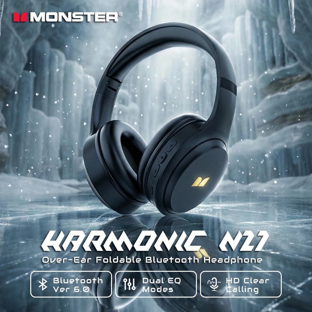 Monster N21 Bluetooth 6.0 Headphones Dual EQ Mode Immersive Stereo Earphone Over-Ear Foldable Wire/Wireless Headset with Mic