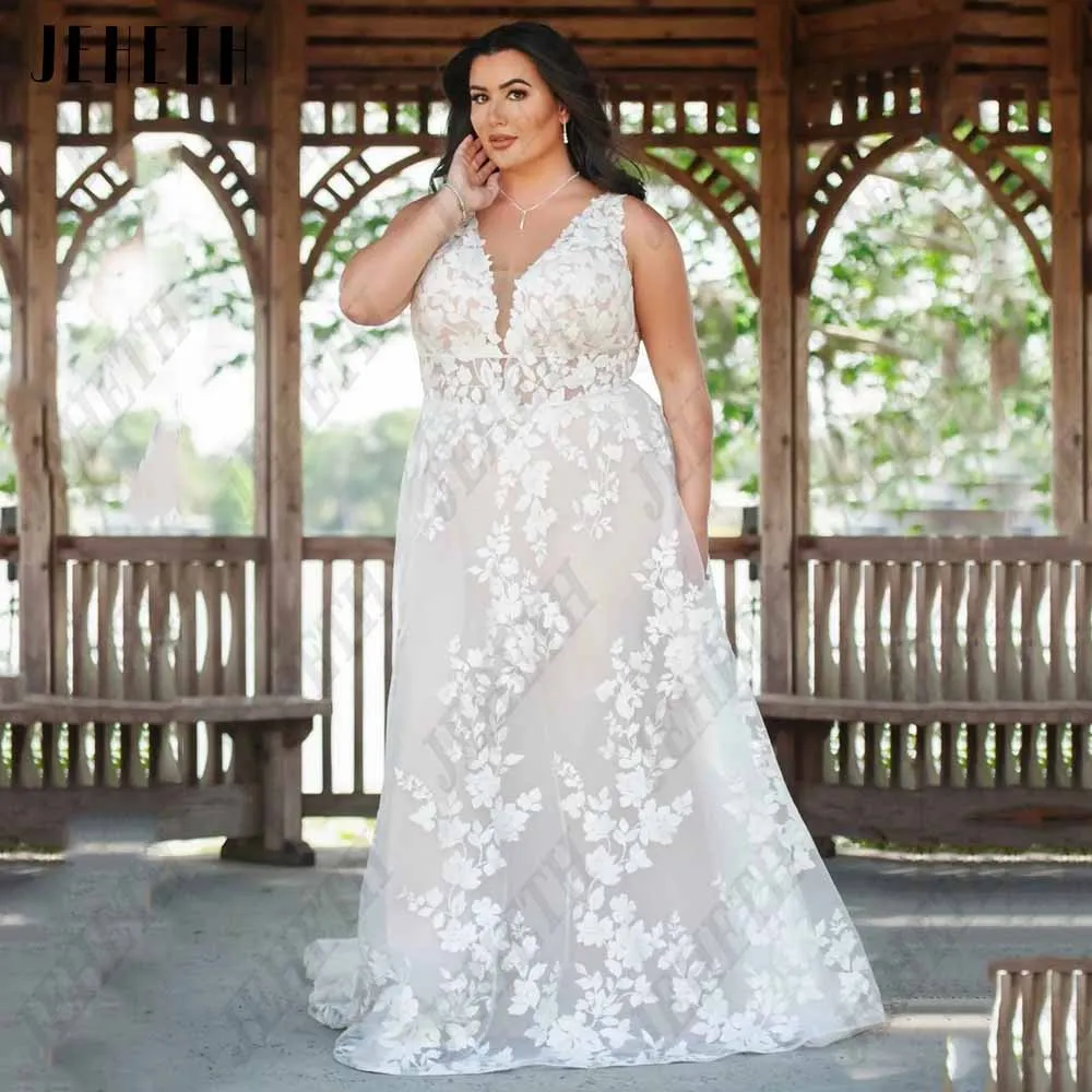 Jeheth exquisite ärmellose Brautkleid plus Größe V-Ausschnitt Tüll A-Linie Brautkleider leichte Champagner Applikation Vestidos de Novia