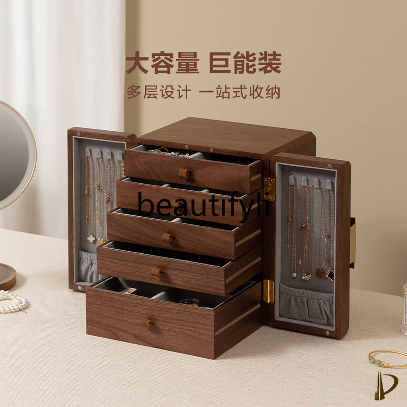 Solid wood jewelry  storage box light luxury high-end gold jewelry box with lock retro national style hand jewelry box