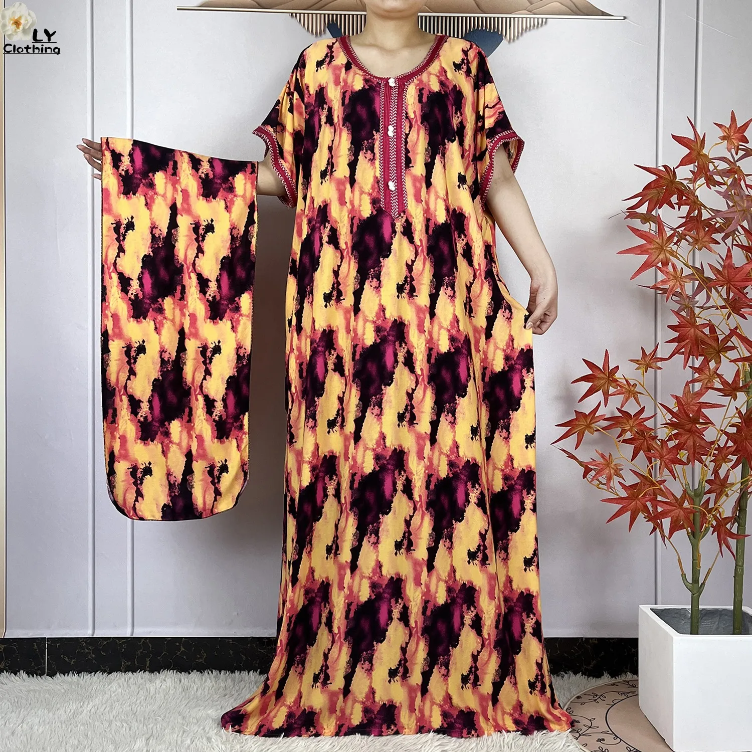 2024 Newest Abayas For Women African Dashiki Printed Short Sleeve Cotton Loose Summer Femme Robe Dubai Islam Dresses With Scarf