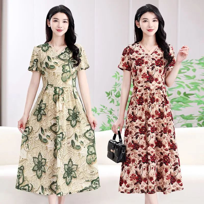 فستان طويل بأكمام قصيرة وتنورة فساتين سهرة لصيف 2025 فساتين طويلة رفيعة جديدة للنساء فستان زهري أنيق