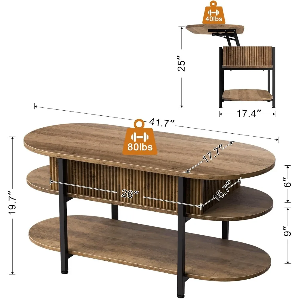 Mesa de centro oval com tampo elevatório com centro de madeira canelada e armazenamento oculto, mesas pequenas com borda curvada de 3 camadas, design moderno