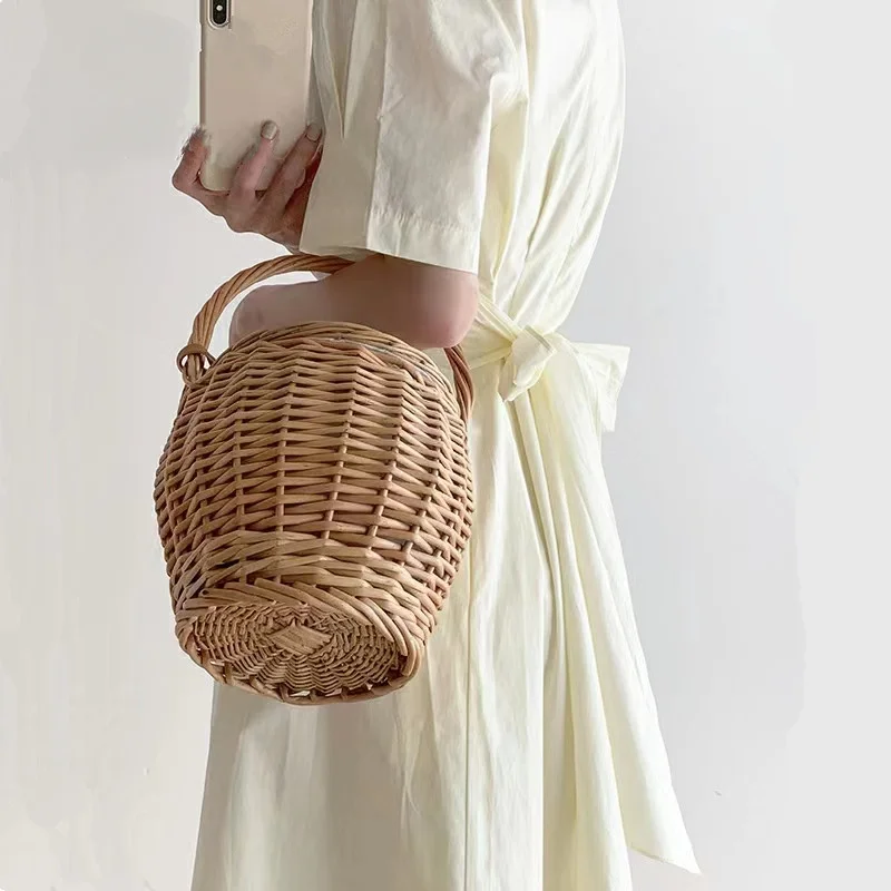 

Wicker basket bag women summer beach natural rattan straw bucket totes handmade woven handbags 2025 new