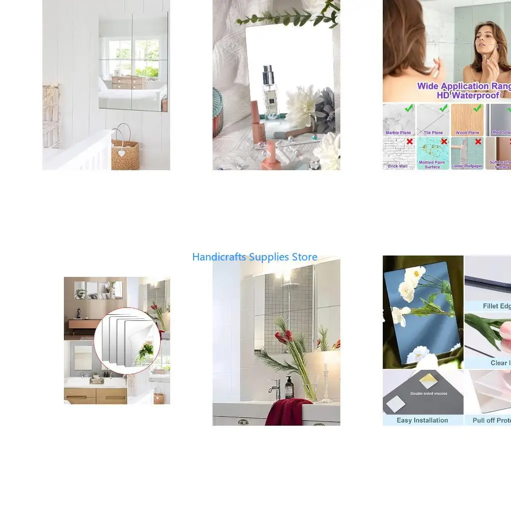 R1WA 4pcs Acrylic Mirror Sheets Flexible Non Glass Mirror Tiles with 16pcs Adhesive Stickers for Home Livingroon Decoration