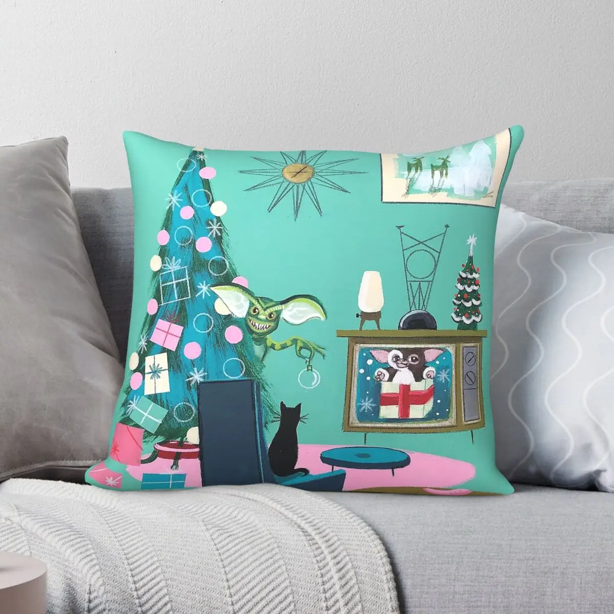 Funda de almohada navideña Gremlins, poliéster, lino, terciopelo, creativa, con cremallera, decorativa, para coche