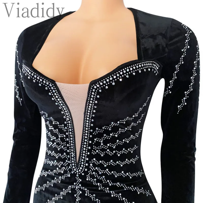 Vestido de fiesta de noche hasta el suelo con cuello en V y diamantes de imitación de malla de terciopelo Sexy para mujer vestidos de sirena con