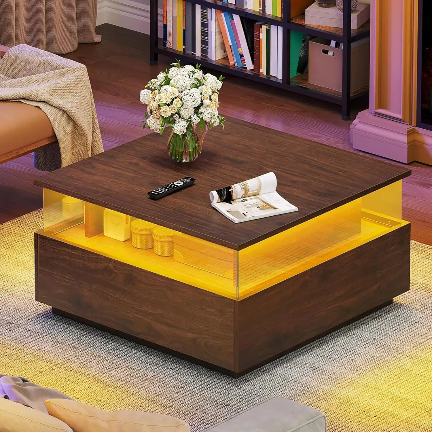 

Brown Modern LED Coffee Table - Square Farmhouse Wood & Acrylic Glass Center Table with 2 Storage Drawers for Living Room