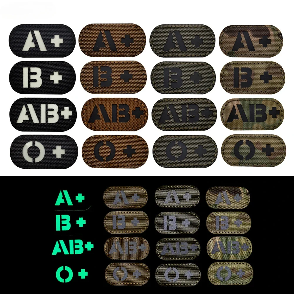 Army Green Reflective Blood Type Patch ABO+- IR Tag Hook&loop for Tactical Backpack 2*1 Inch Attachment Glow in Dark Blood Badge