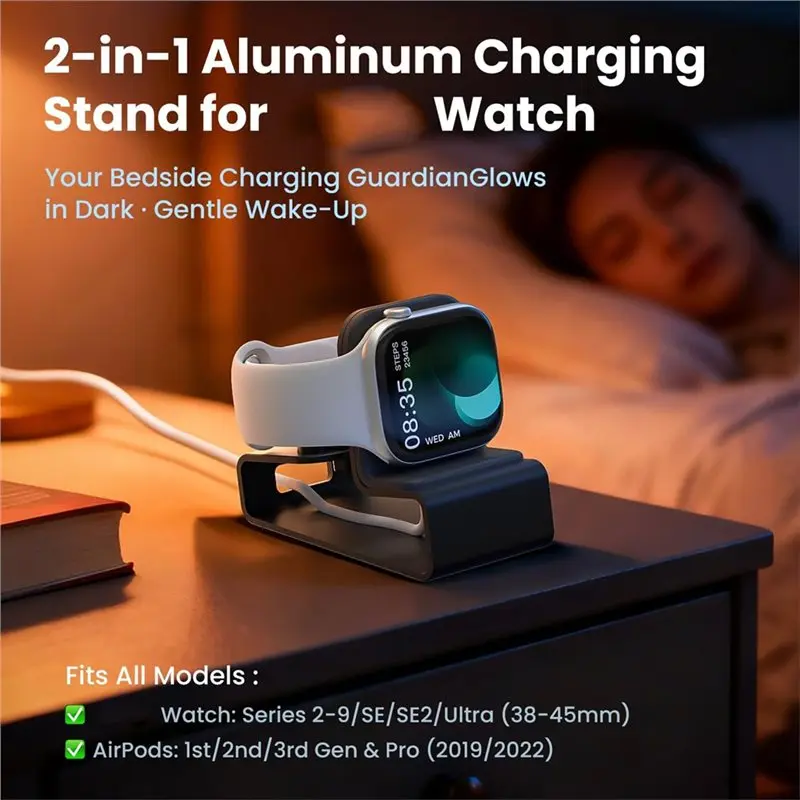 ABGI 2-in-1 Aluminum Charging Stand for Watch & , Universal Watch Station with Stable Base, for iWatch Series 9 Ultra 8 7 SE 6
