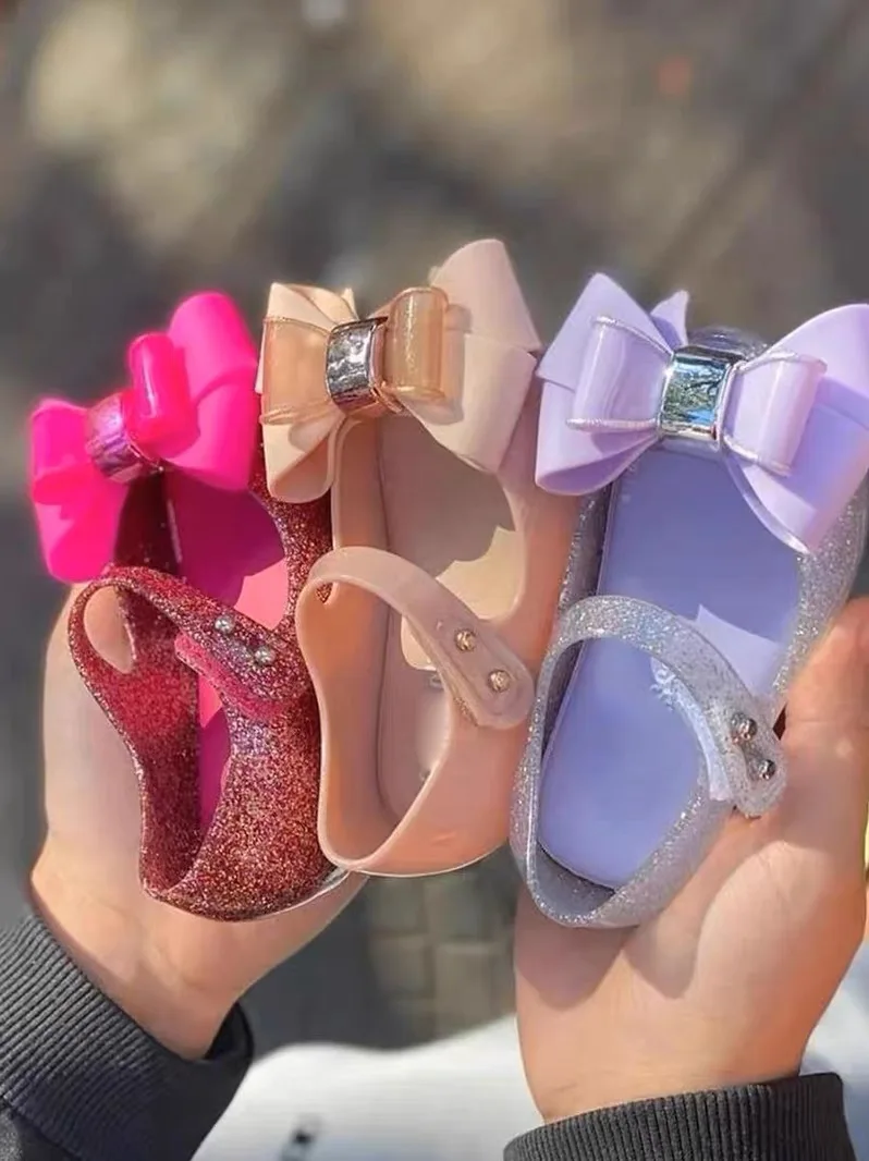 Mini Melissa Summer Spring Gilrs Sandals Children Single Jelly Shoes Sister\'s Fashion Big Bow Princess Flat Summer Beach Sandals