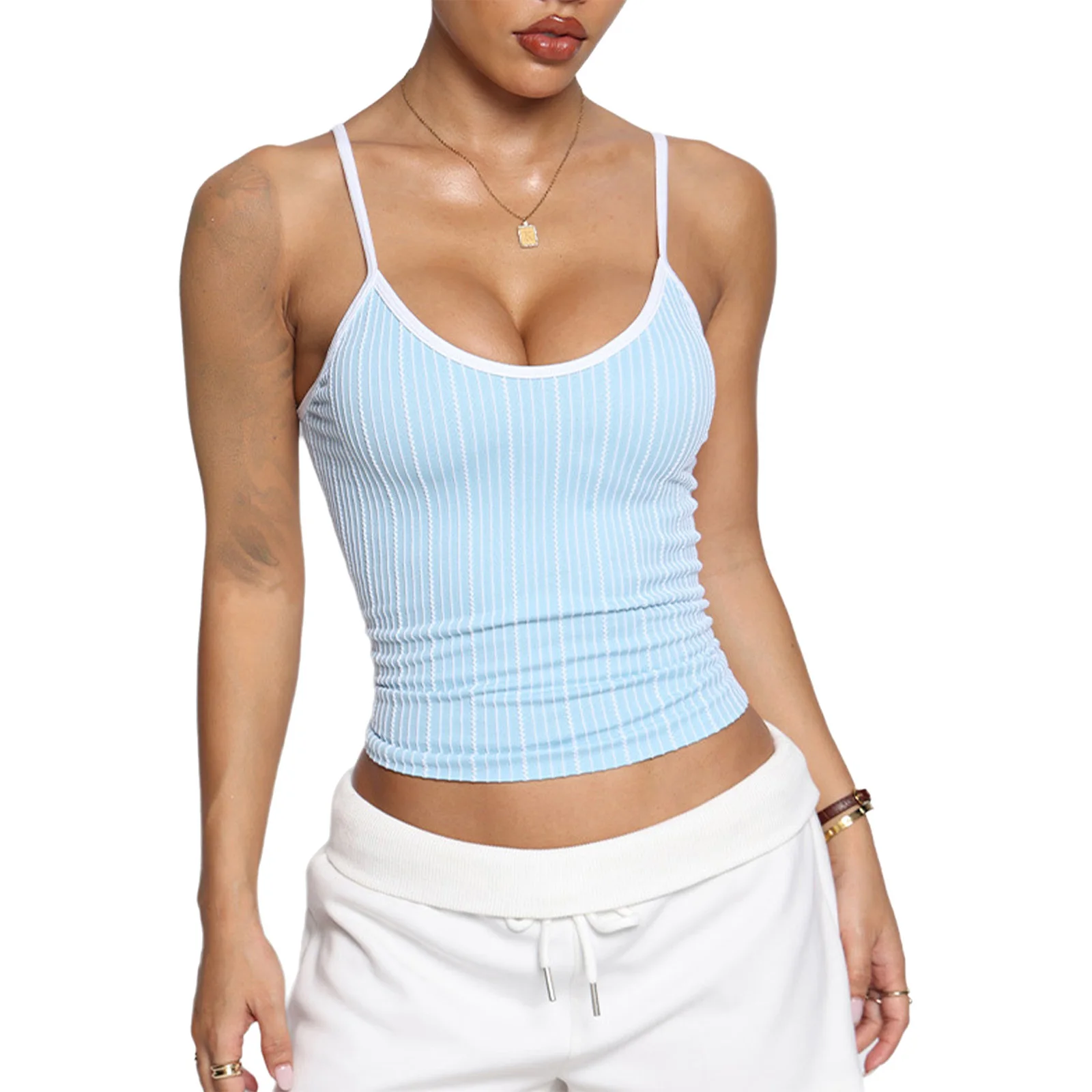 Women U Neck Striped Adjustable Spaghetti Strap Sleeveless Camisole Sports Vest For Yoga Gym Fitness Daily Workout Exercise Wear