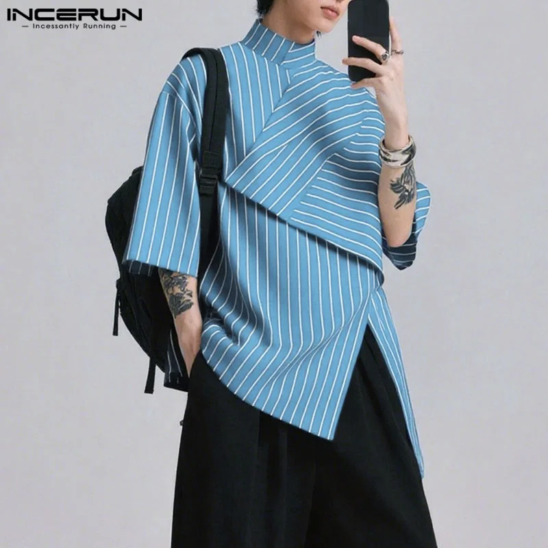 INCERUN Men Irregular Shirt Striped 3/4 Sleeve Stand Collar Loose Men Clothing Streetwear 2025 Personality Fashion Male Shirts